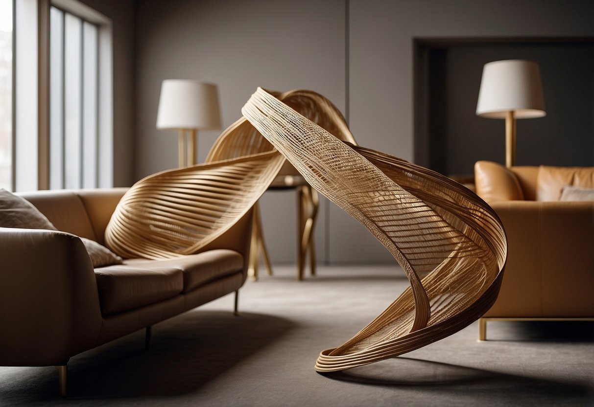 A ribbon of furniture weaves through a space, curving and twisting like a flowing stream. It is both functional and artistic, creating a unique and visually intriguing atmosphere
