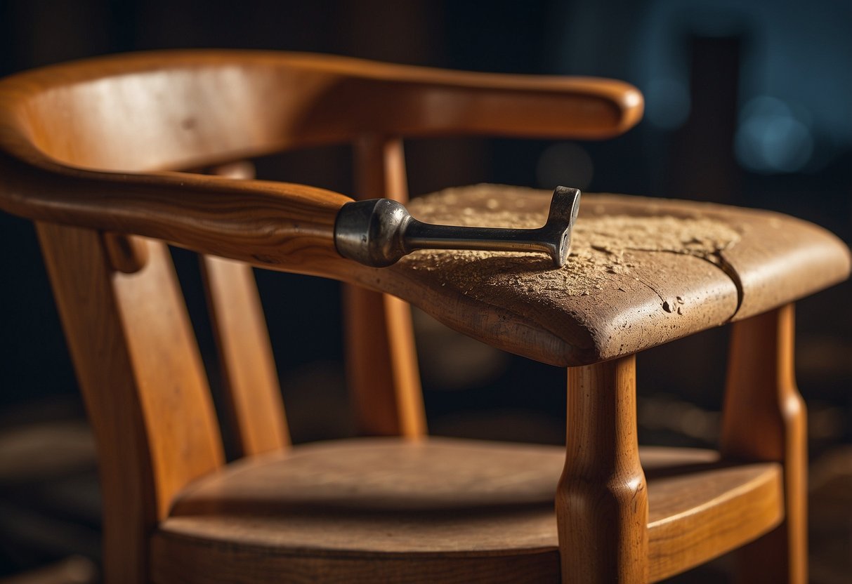 A wooden chair with a cracked leg is being carefully glued back together. A small hammer and chisel sit nearby, along with a bottle of wood glue and a piece of sandpaper