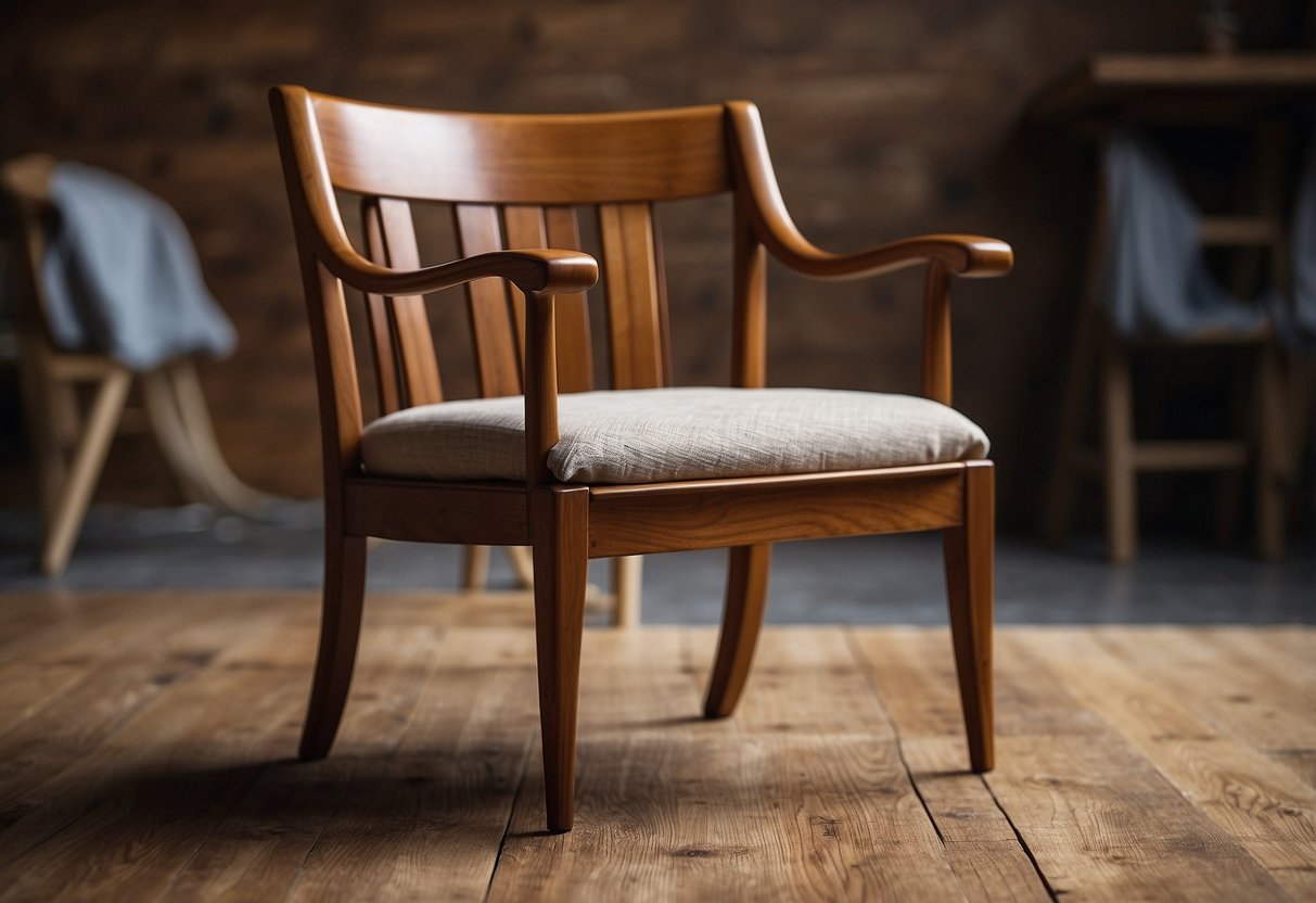 A wooden chair sits on a drop cloth. A person applies wood stain with a brush, evenly coating the surface. The chair transforms into a rich, darker color