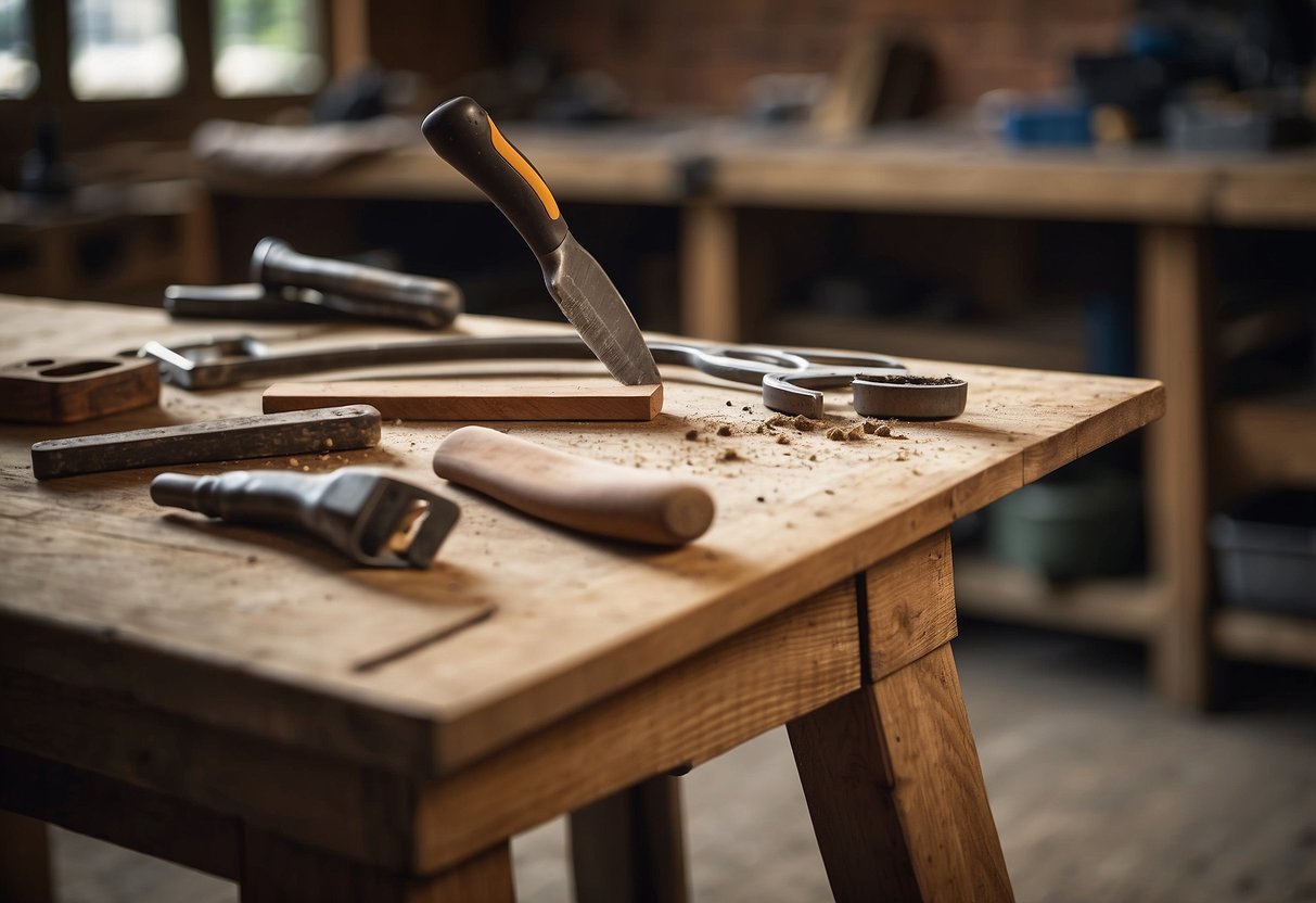 A wooden chair sits on a workbench, with various tools and materials laid out nearby. A piece of the chair is being carefully sanded down, ready for restoration