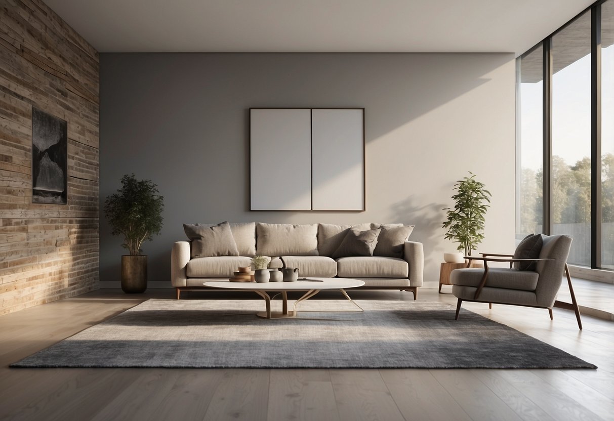 A room with empty space, a sofa, a coffee table, and a rug. Walls painted in a neutral color with large windows letting in natural light