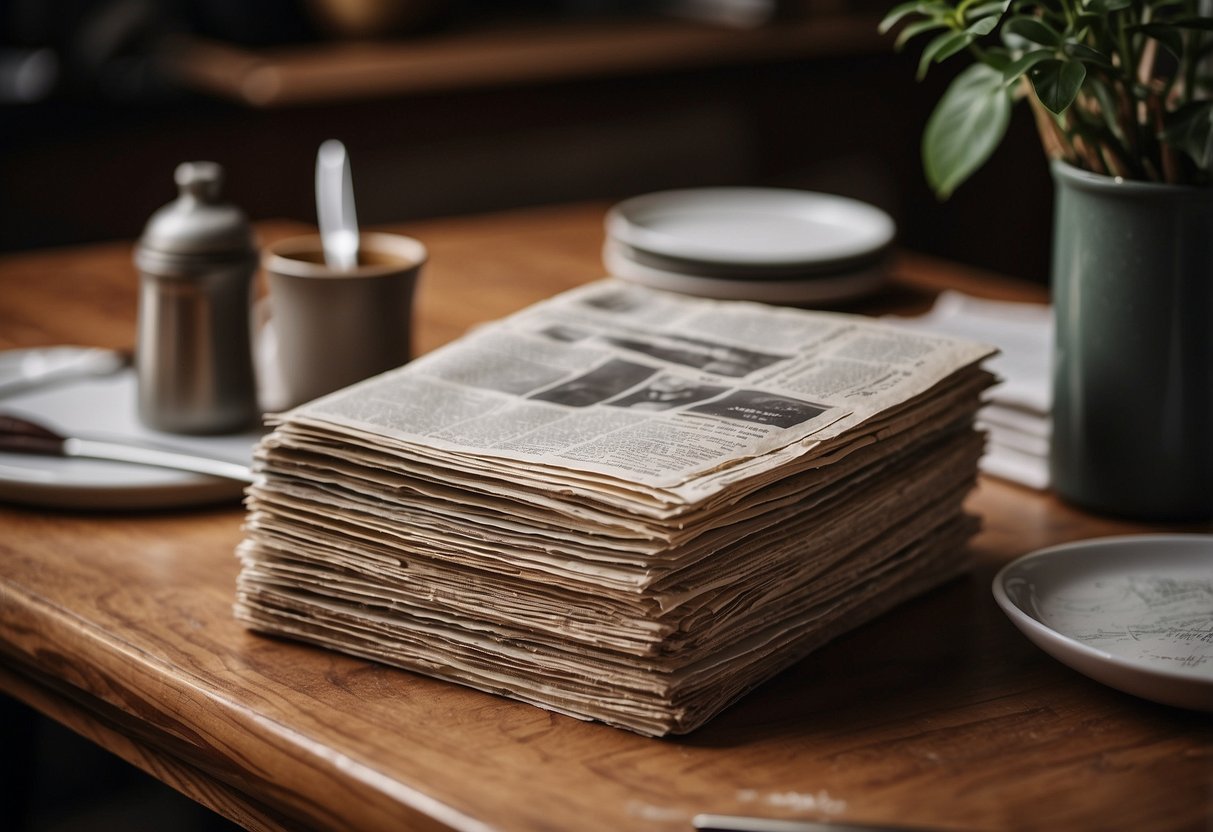 A table covered in newspapers, a can of wood stain, a paintbrush, and a piece of unfinished wood furniture on top