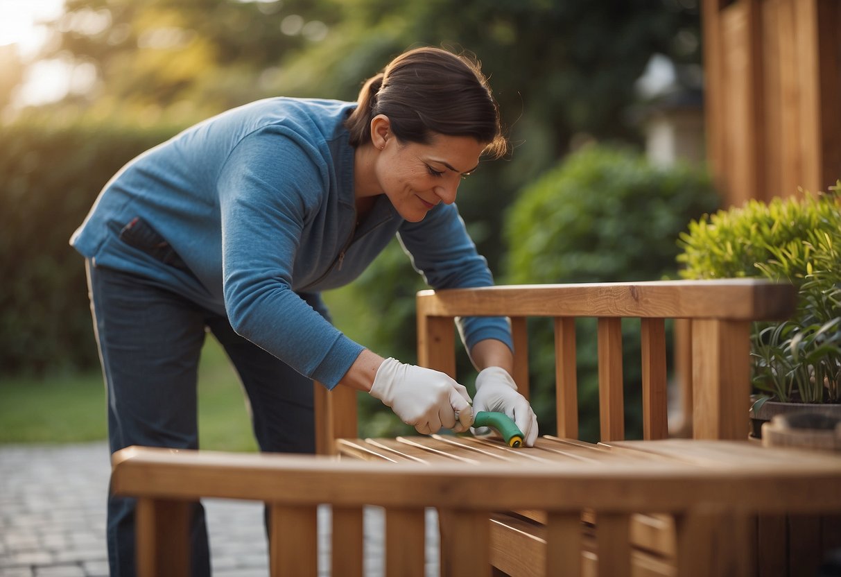 A person applies a sealant to teak furniture outdoors, protecting it from the elements
