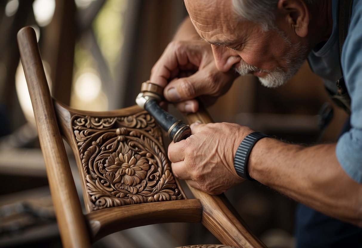 A carpenter meticulously sands and varnishes a weathered wooden chair, carefully repairing its intricate carvings and delicate details