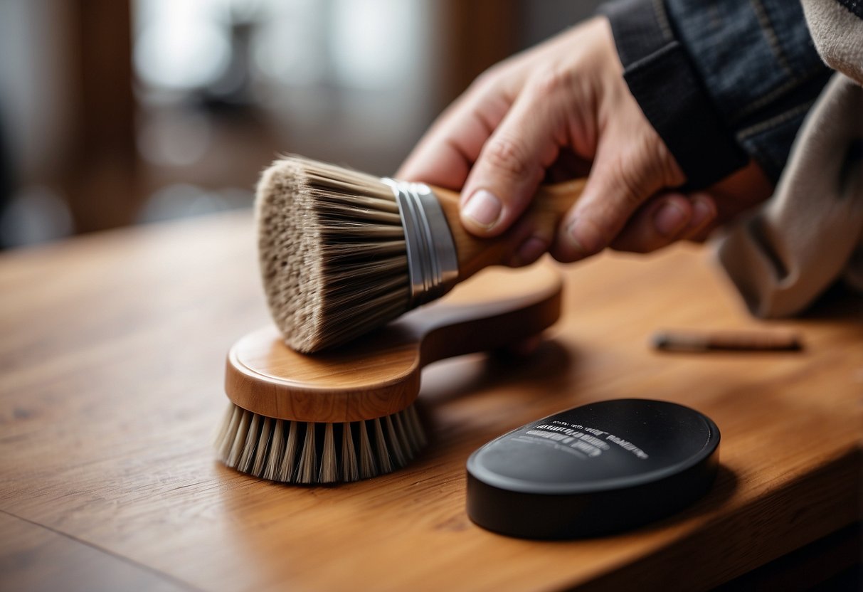 A hand holds a brush, applying stain to a wooden surface. Another brush applies protective finish. Wood furniture sits nearby