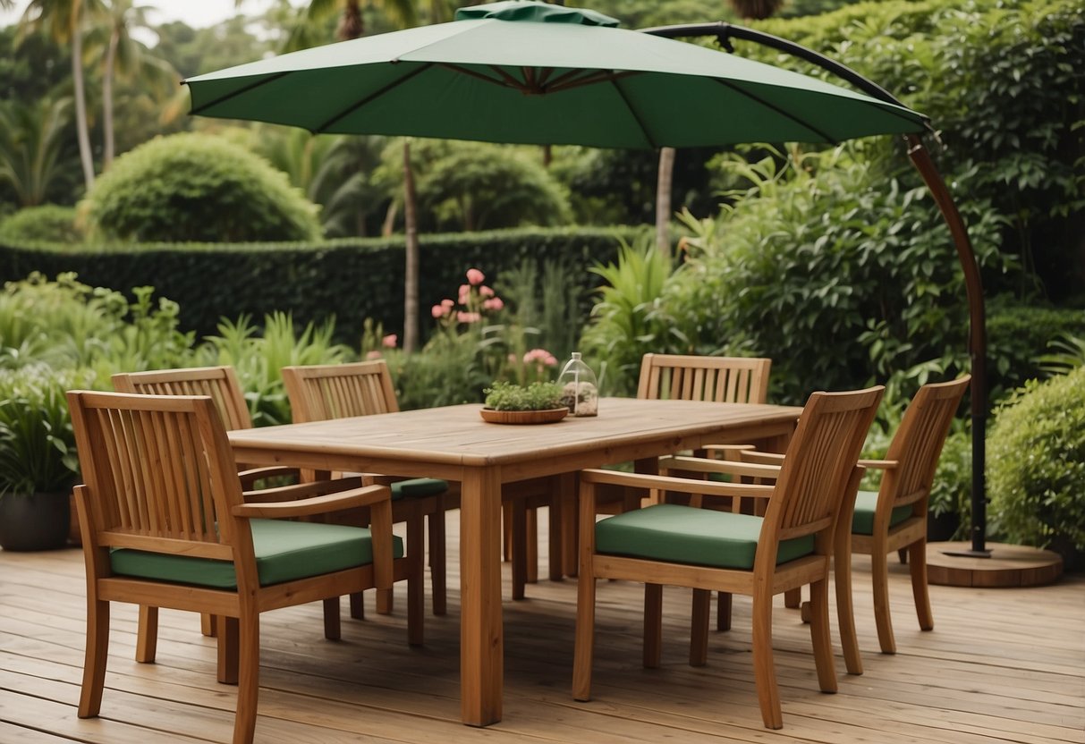 Teak outdoor furniture covered with waterproof sealant, shielded from sun and rain by a large umbrella, surrounded by lush green plants