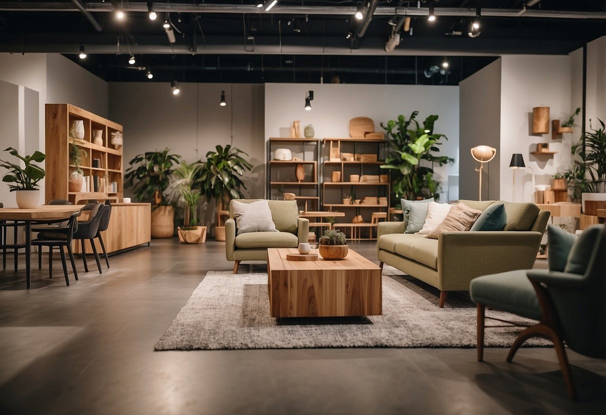 A customer browsing sustainable furniture options in a modern showroom