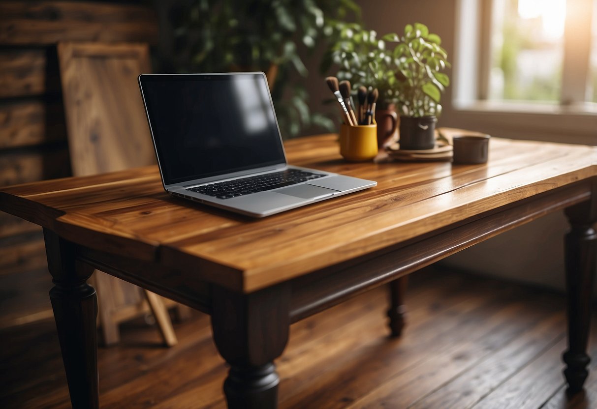 A wooden table with a can of wood stain and a paintbrush nearby, with a step-by-step guide on how to stain wood furniture displayed on a laptop screen
