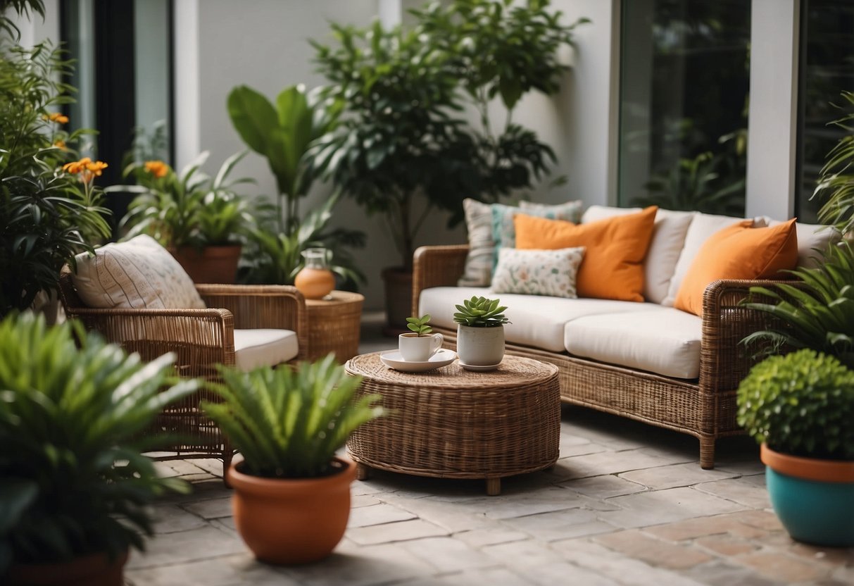 A cozy outdoor patio with rattan wicker furniture arranged around a low coffee table, surrounded by lush greenery and colorful potted plants