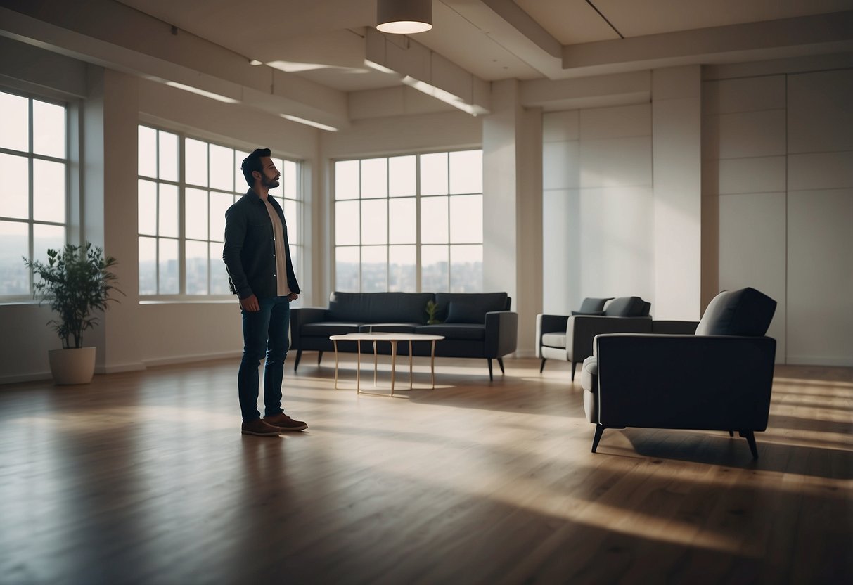 A person standing in a room surrounded by empty spaces, looking around with a puzzled expression, with a speech bubble above their head saying "I need furniture."
