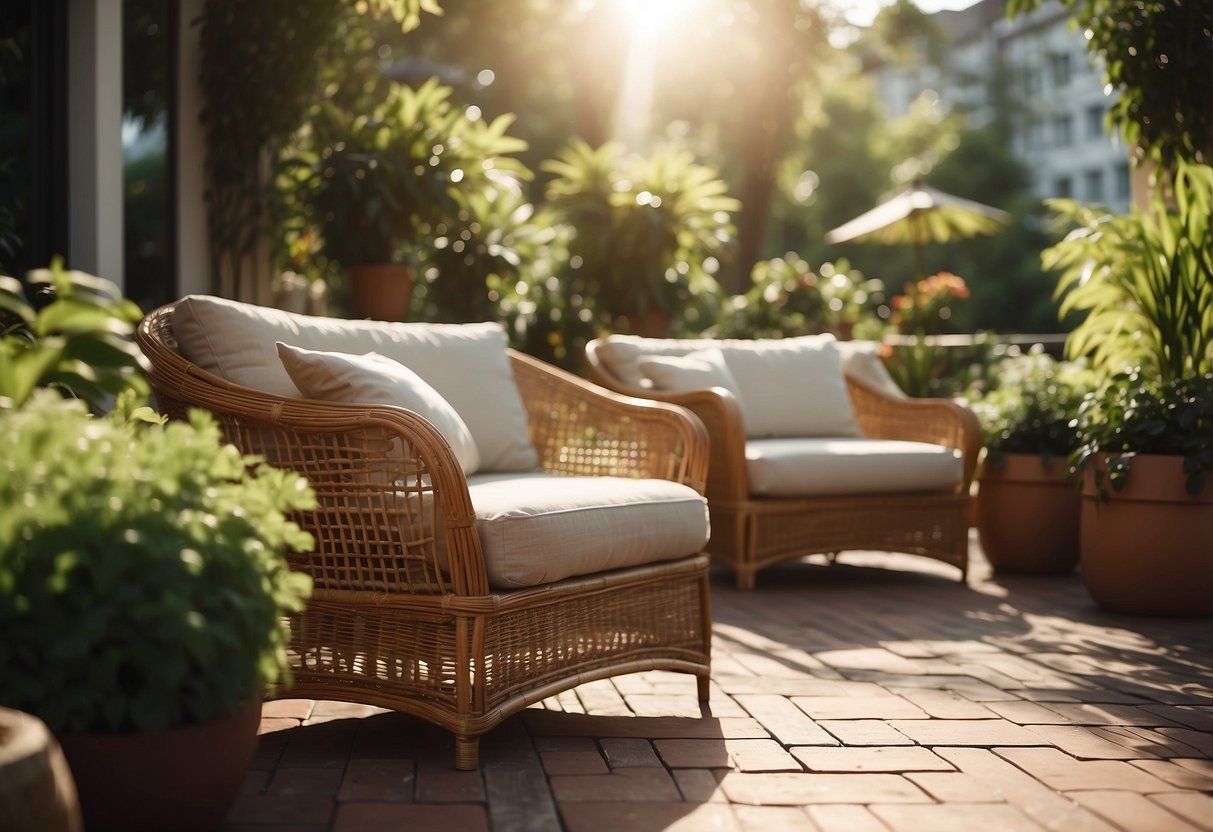 A cozy outdoor patio with rattan wicker furniture, surrounded by lush greenery and bathed in warm sunlight
