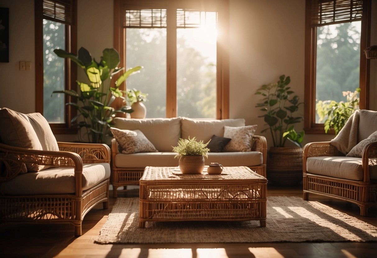 A cozy living room with rattan wicker furniture arranged around a low coffee table. Sunlight streams in through the window, casting warm shadows on the natural fibers
