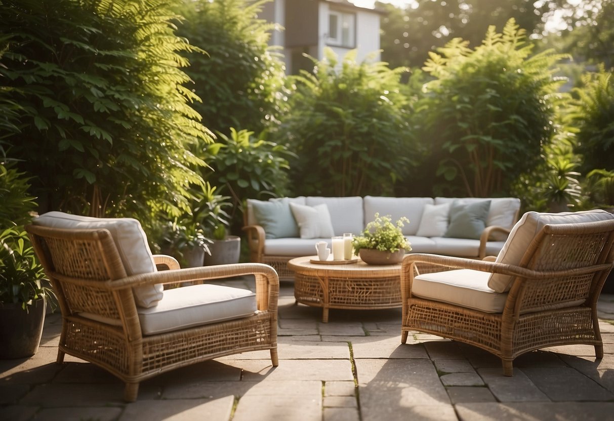 A serene outdoor patio with a set of rattan wicker furniture, surrounded by lush greenery and bathed in warm sunlight