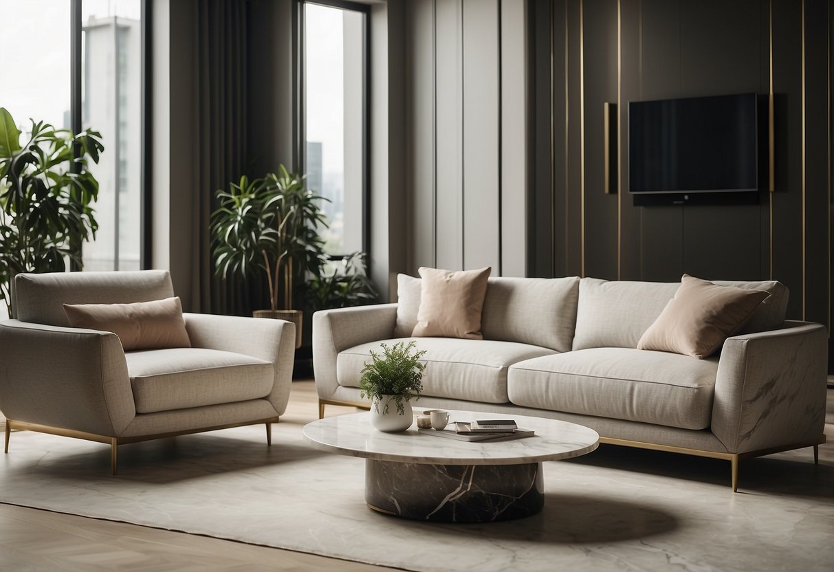 A sleek, modern living room with poly art natural marble furniture
