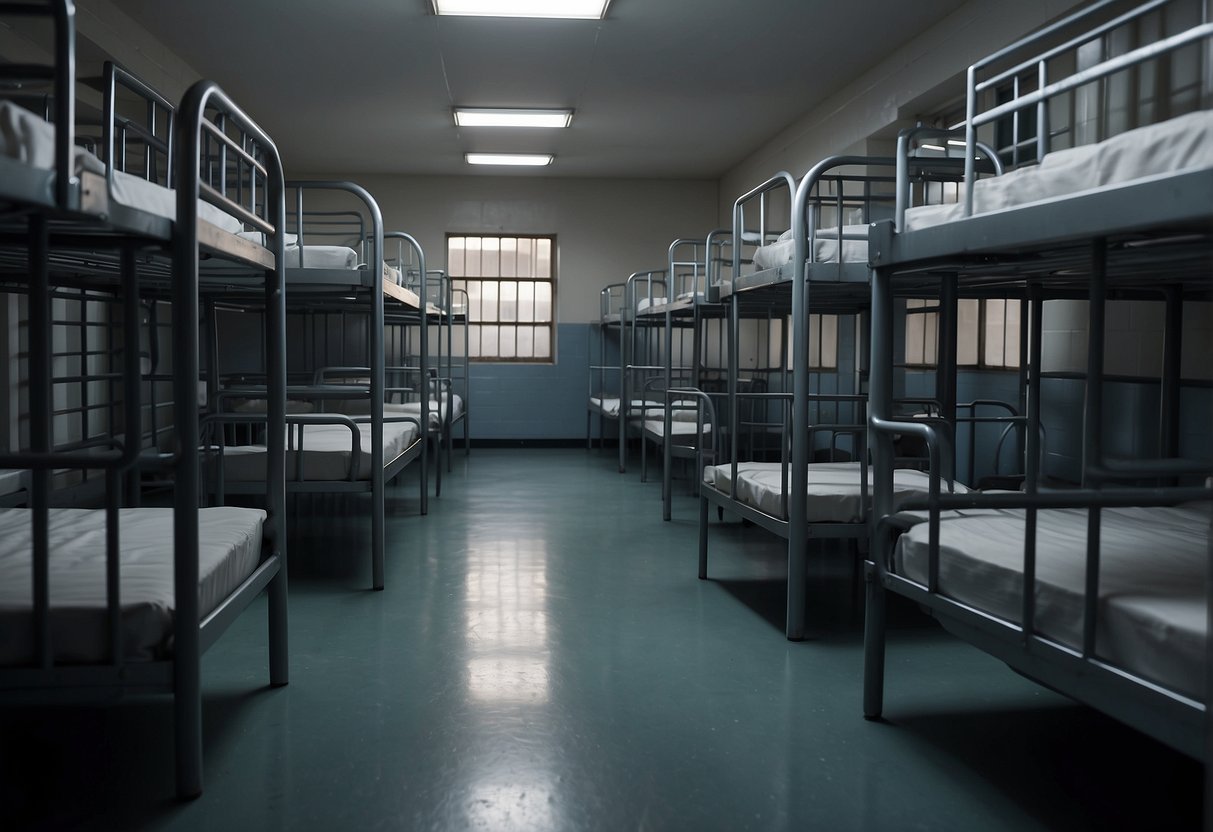 Steel bunk beds, metal tables, and plastic chairs fill the dimly lit prison cell. A small window high on the wall lets in a sliver of light