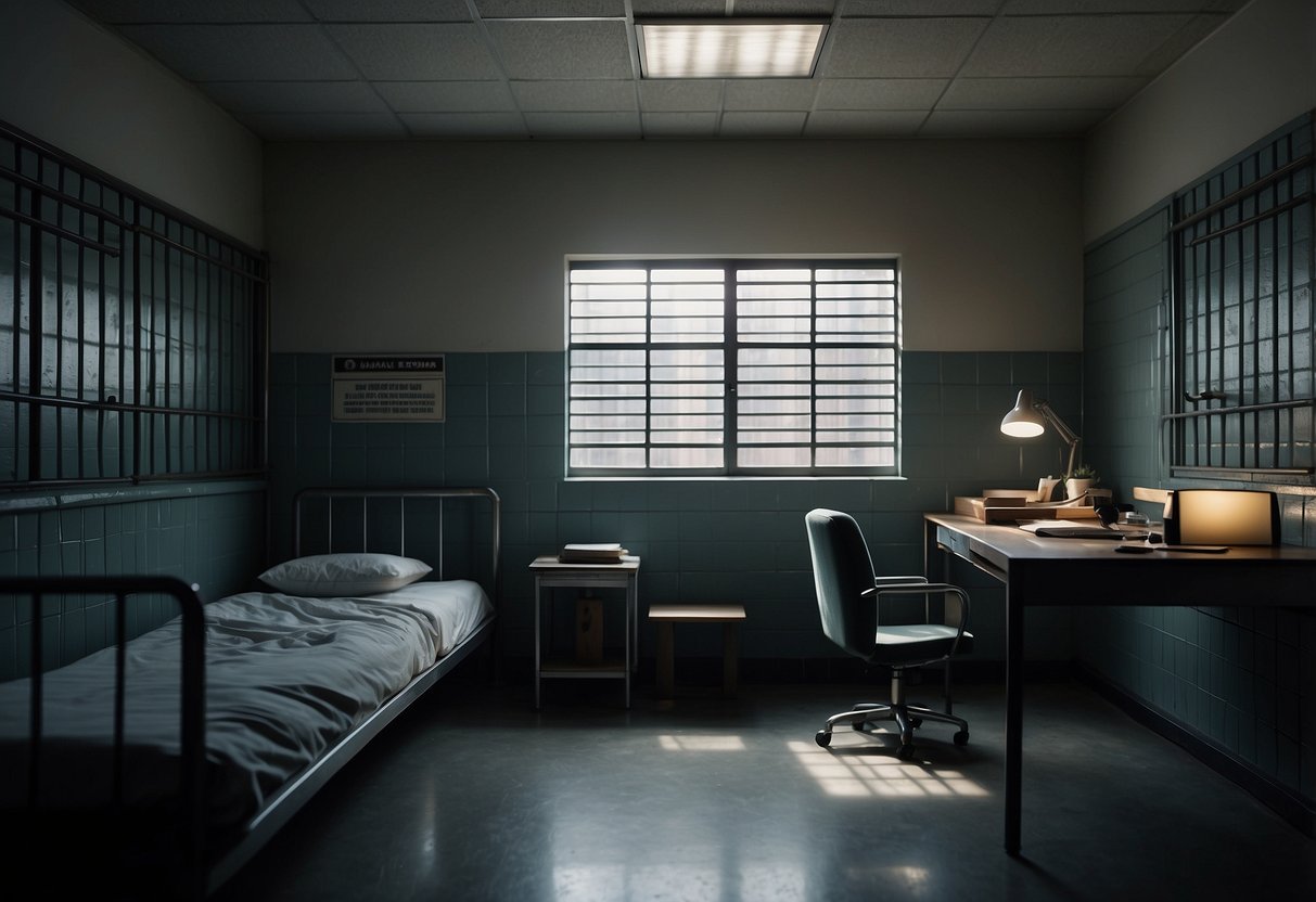 A dimly lit prison cell with a sturdy metal bed, a small desk and chair, and minimal personal belongings neatly arranged