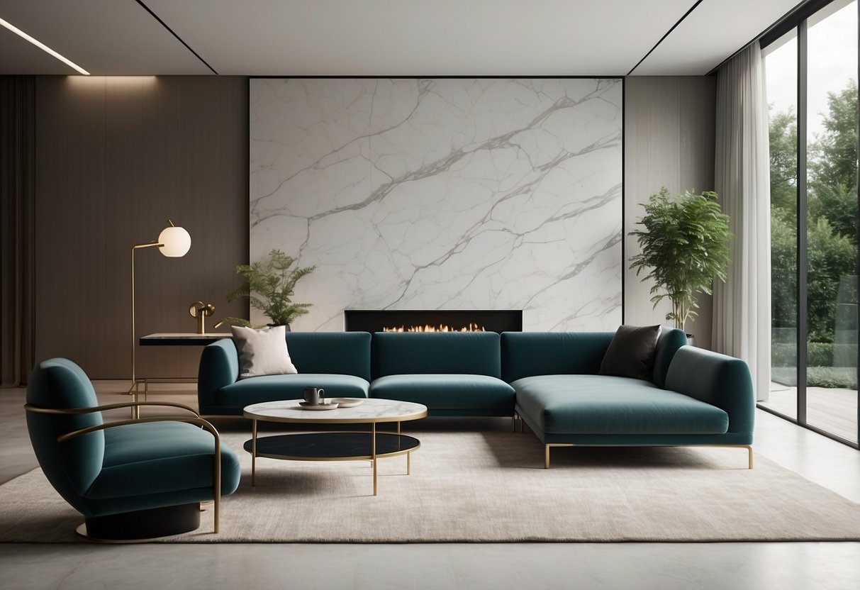 A sleek, modern living room with poly art natural marble furniture, featuring clean lines and a minimalist aesthetic