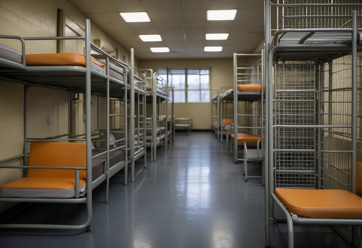 Various prison furniture types arranged in a common area: metal bunk beds, steel tables, and chairs, all secured to the ground