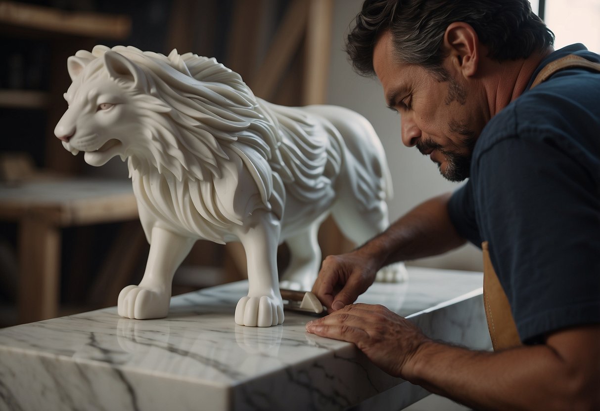 A skilled artisan carefully carves and shapes natural marble into unique furniture pieces, showcasing meticulous craftsmanship and customisation