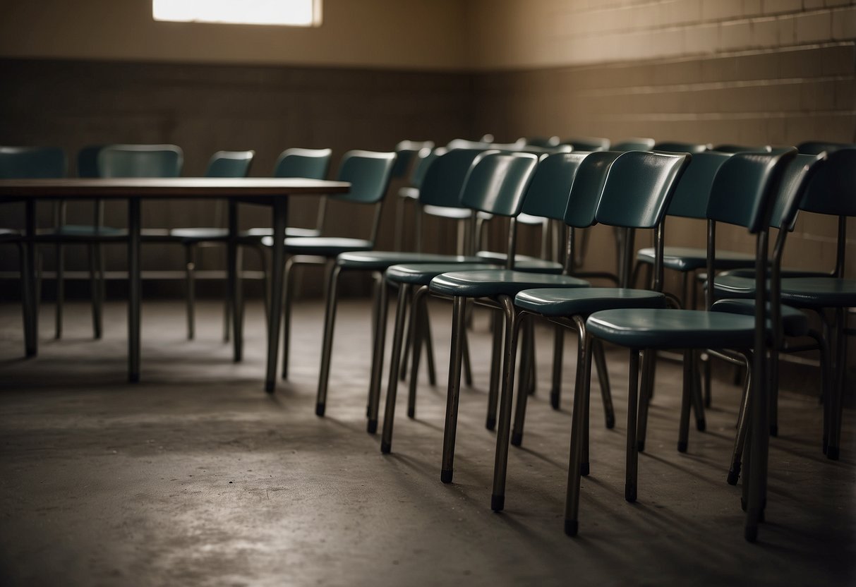 A row of simple, sturdy chairs and tables in a dimly lit prison common area. The furniture is worn and well-used, with scratches and scuff marks