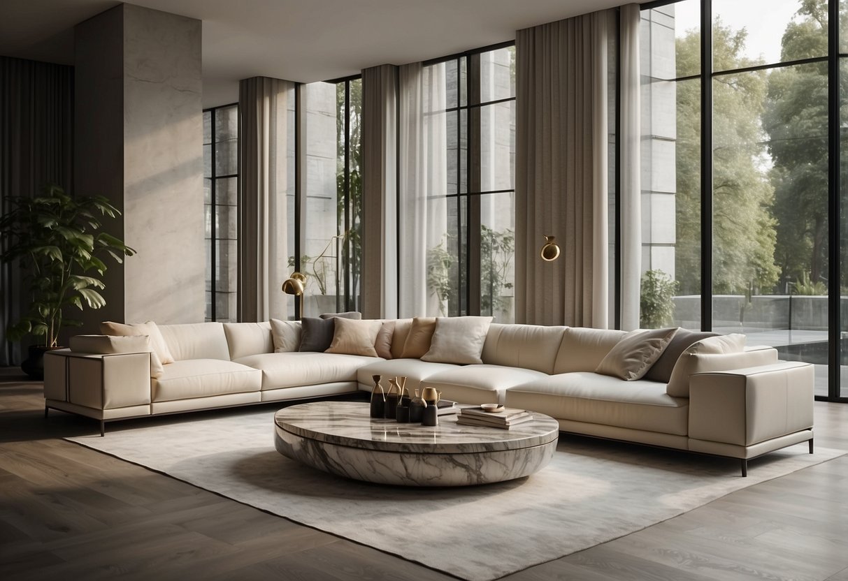 A sleek, modern living room with poly art natural marble furniture. Clean lines and minimalist design create a sophisticated and stylish atmosphere