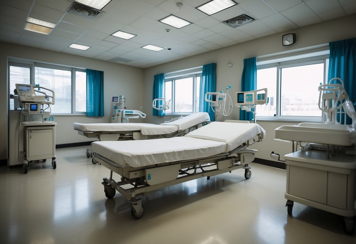 Hospital furniture suppliers deliver beds, chairs, and tables to a bright, sterile room. The equipment is neatly arranged, ready for use