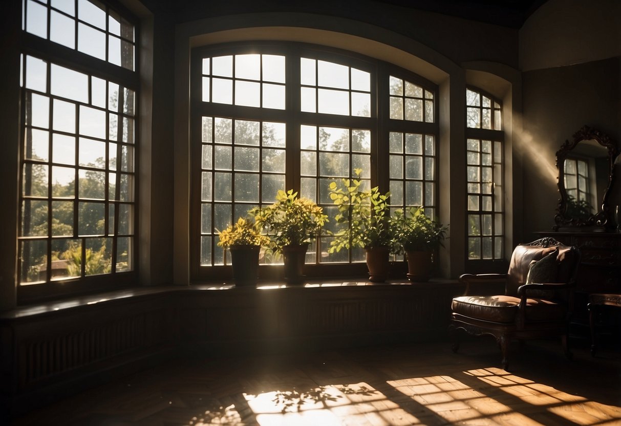 Sunlight floods through the window, casting warm rays onto the dark furniture. A strategically placed mirror reflects the light, brightening the room