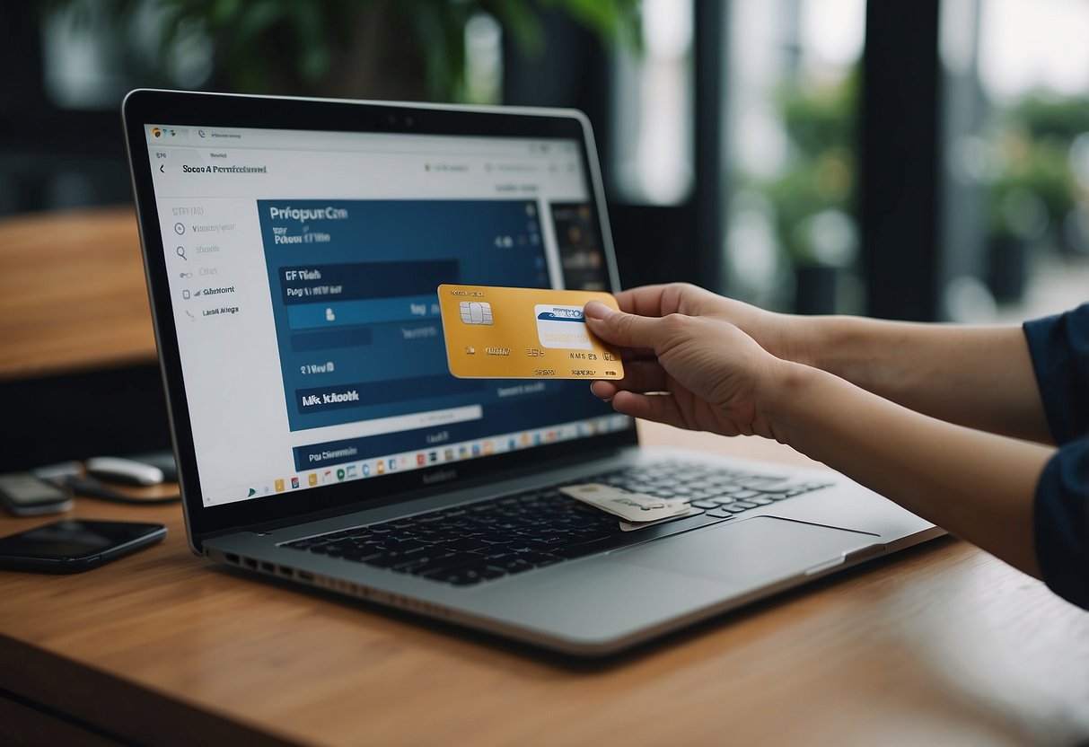 A person in Singapore orders furniture online from Taobao, using a laptop and credit card for payment. The furniture is delivered to their doorstep