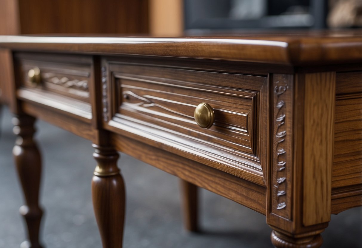 Wood furniture sits water-damaged, swollen. Remove excess water, dry thoroughly. Sand down swollen areas, apply wood filler. Sand smooth, refinish
