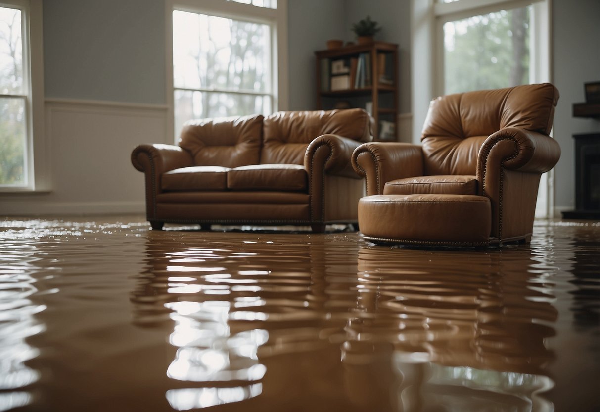 Swollen wood furniture sits in a flooded room. Water damage is evident. Repair tools and materials are nearby, ready for use