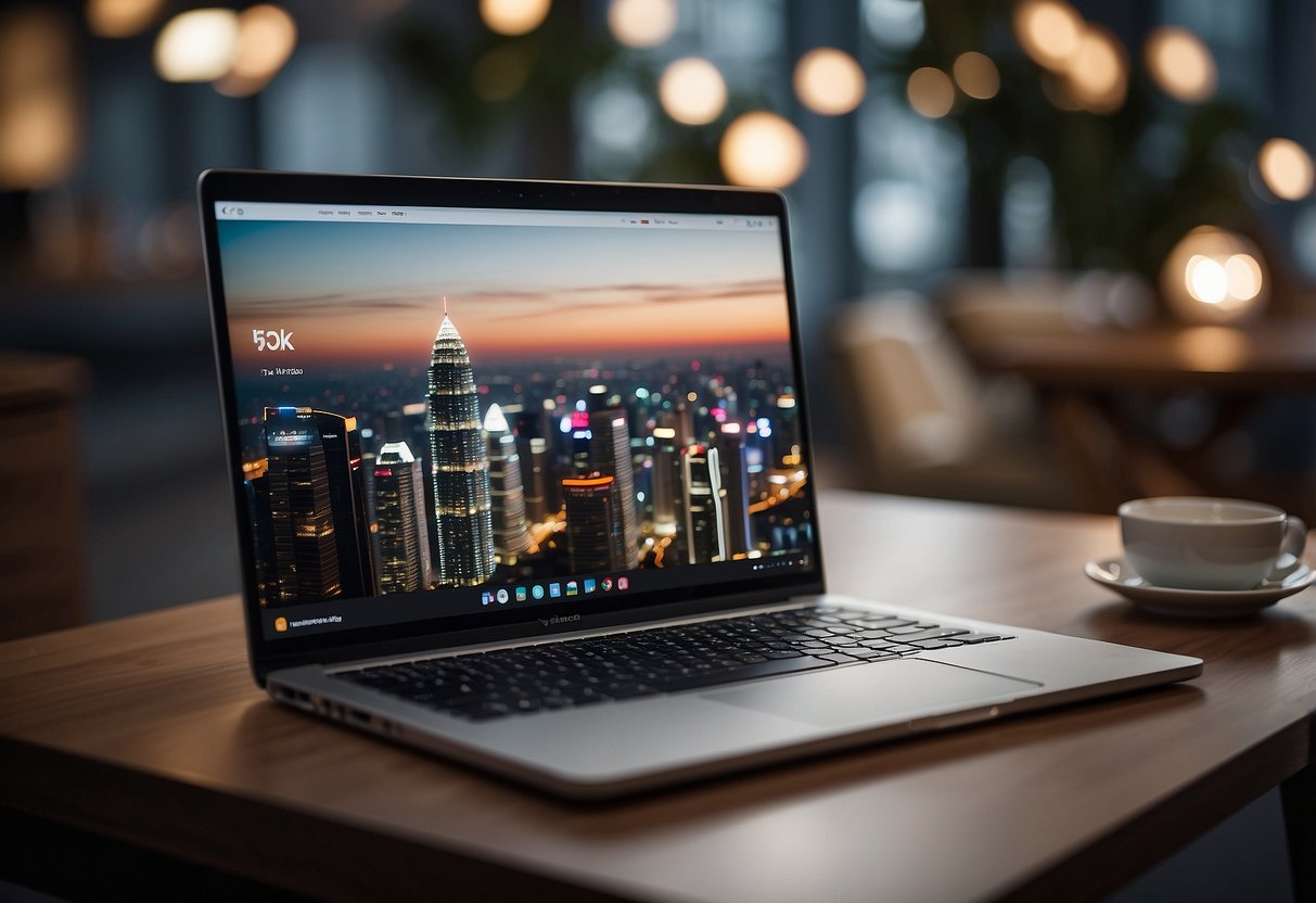 A laptop open on a desk, showing the Taobao website. A furniture item is selected, with a Singapore address entered for delivery