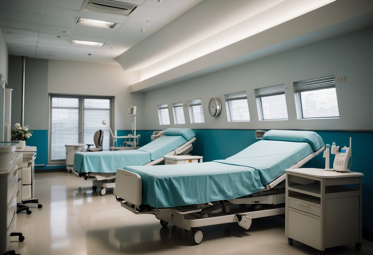 Hospital furniture arranged in a clean, well-lit room. Bedside tables, adjustable beds, and ergonomic chairs. Bright colors and smooth surfaces
