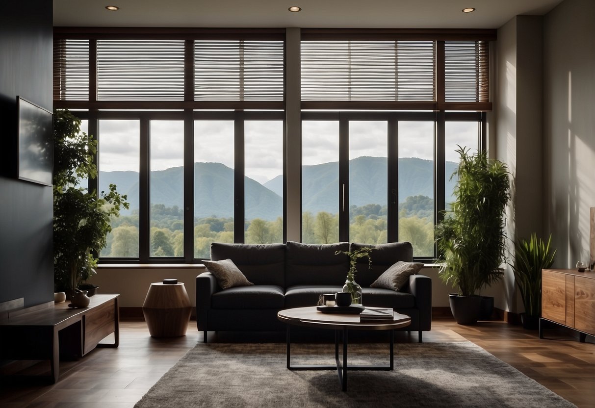 A room with dark furniture positioned near large windows, allowing natural light to flood in and brighten the space