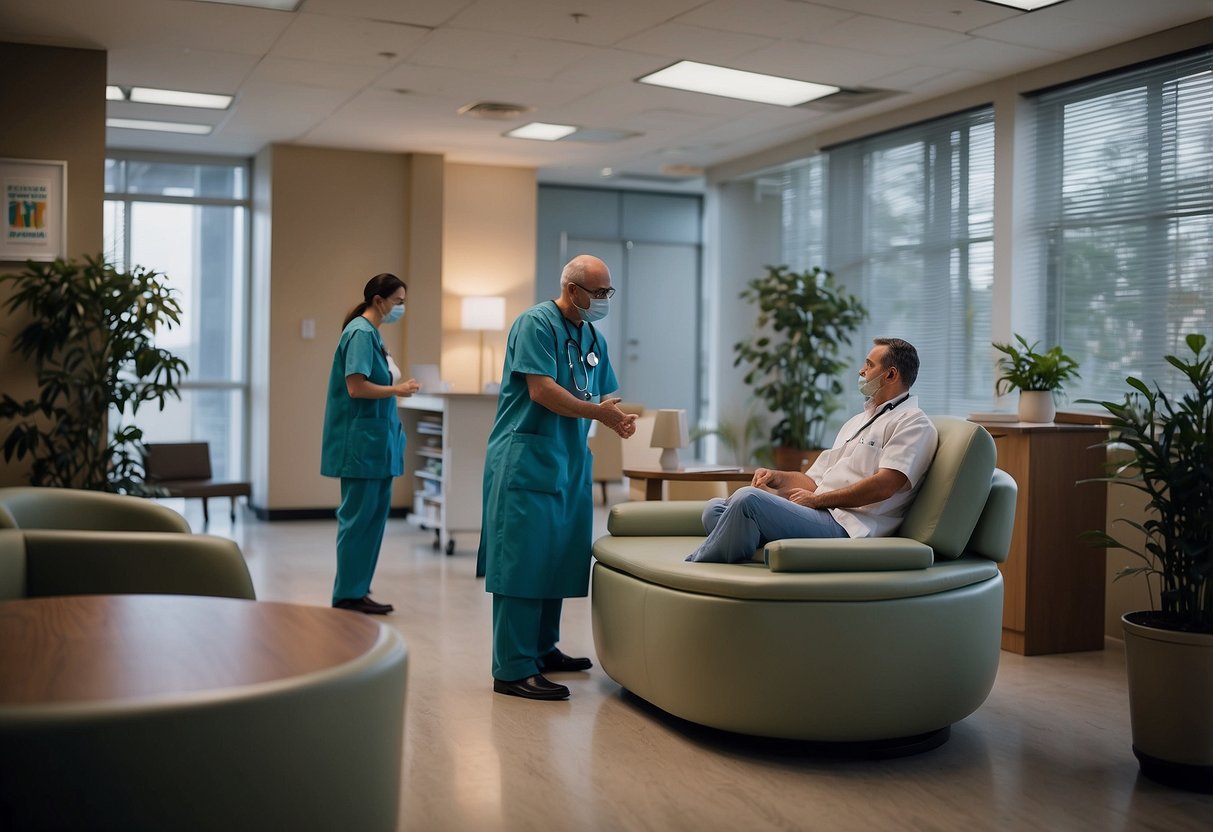 Healthcare providers and hospital furniture suppliers interact in a professional setting, discussing product options and building relationships