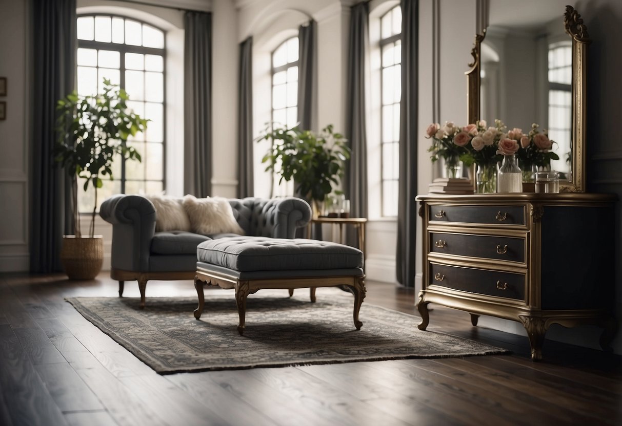 A room with dark furniture is brightened by using light-colored walls and floors, strategically placing mirrors to reflect natural light, and adding bright accent lighting