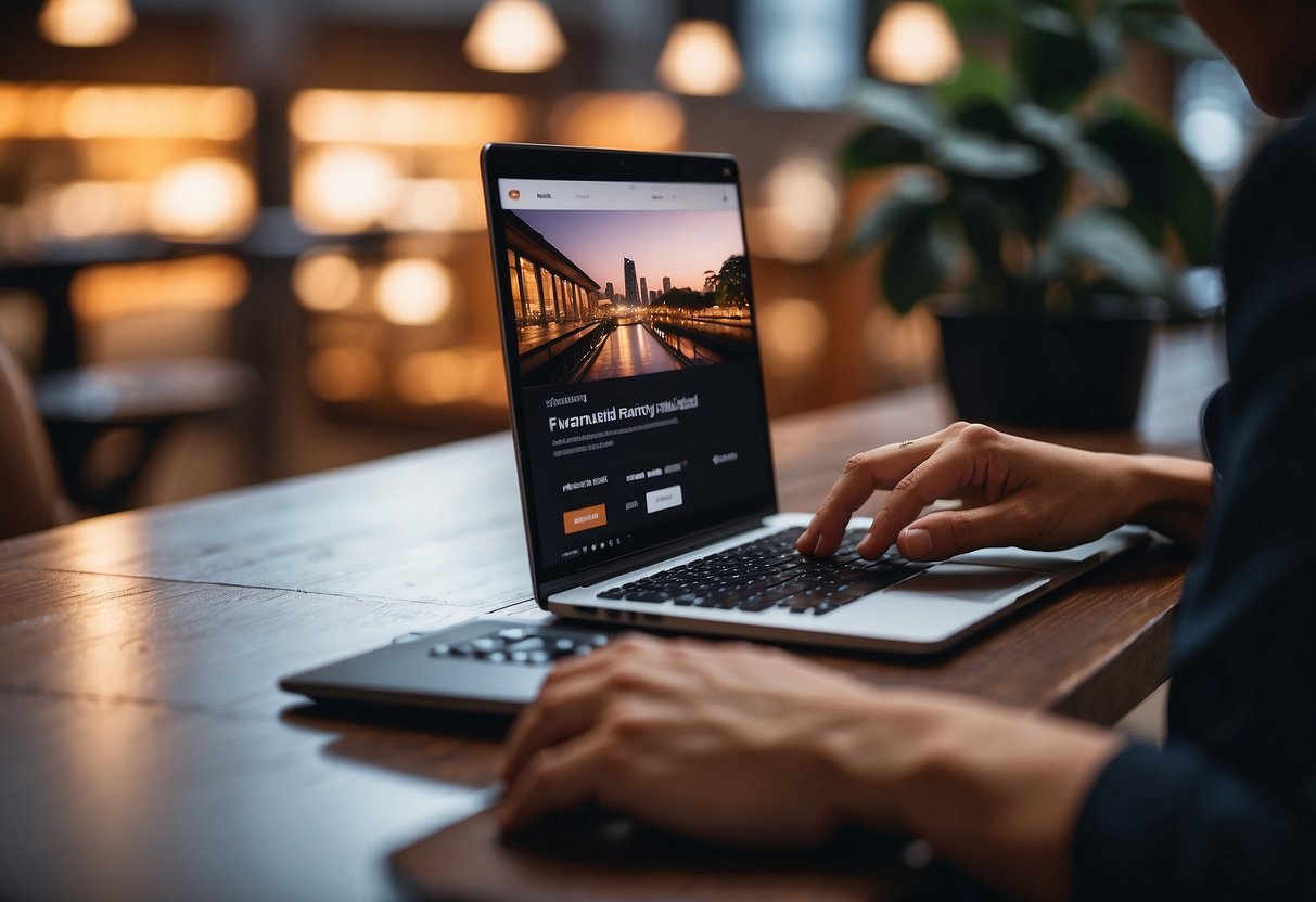 A person browsing on a laptop, with a Taobao website open, selecting furniture items to order for delivery to Singapore