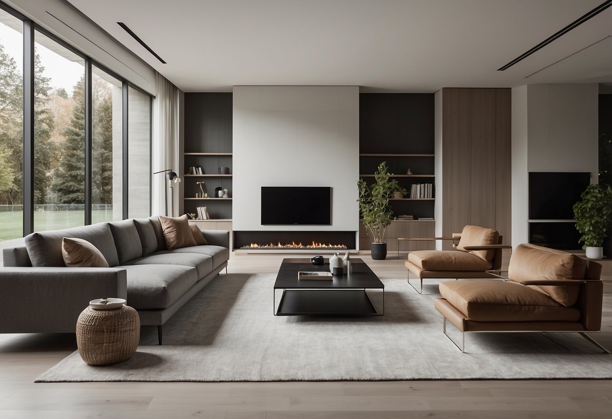 A modern living room with sleek, minimalist furniture. Clean lines, neutral colors, and open space create a serene and elegant atmosphere