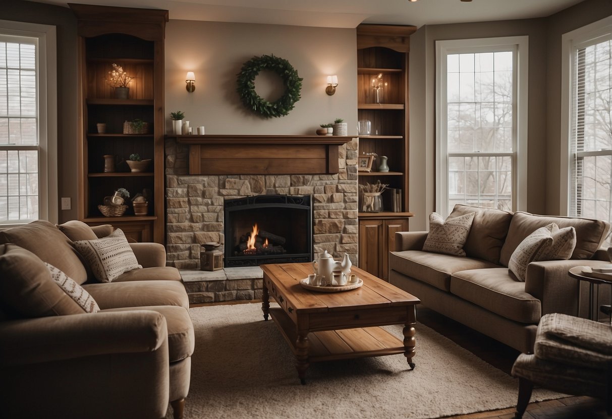 A cozy living room with a Pennsylvania House furniture set, including a classic sofa, a coffee table, and a pair of armchairs arranged around a fireplace