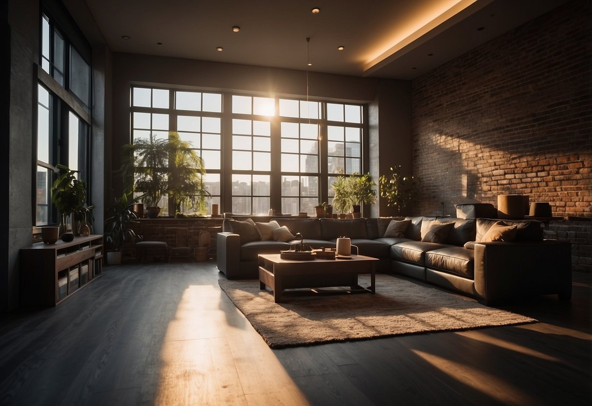 A room with dark furniture, brightened by natural light streaming in through open windows, casting a warm glow on the walls and illuminating the space