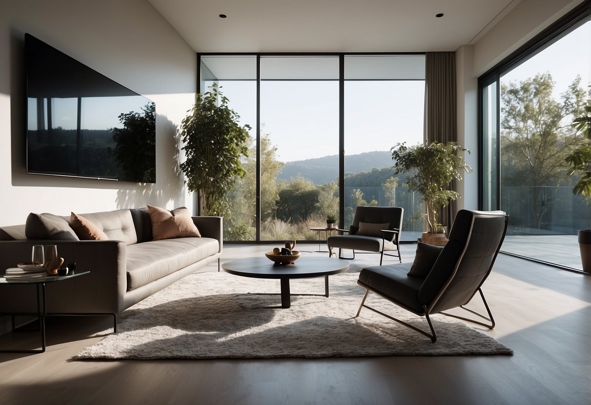 A modern living room with minimalist piure furniture arranged in a clean and sleek design, with natural light streaming in through large windows