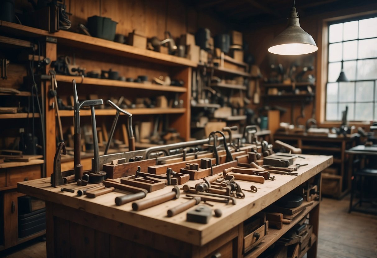 A workshop filled with vintage tools and wood, showcasing the meticulous craftsmanship of Pennsylvania House furniture