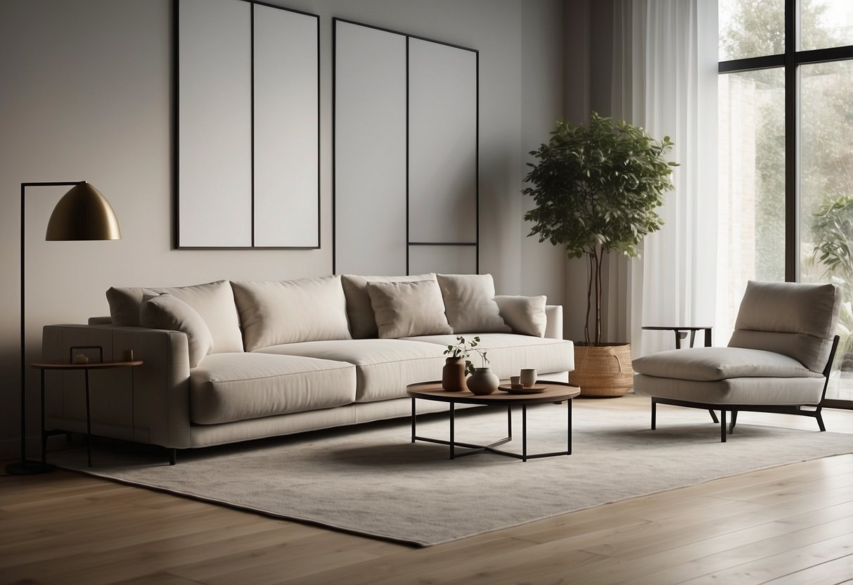 A modern living room with a sleek and minimalist Pure Furniture set, featuring clean lines and neutral colors