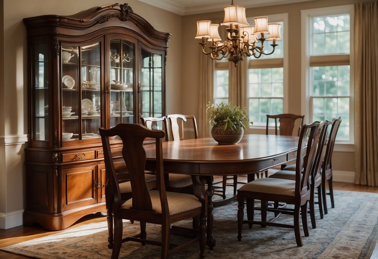A room with various Pennsylvania House furniture pieces, including a dining table, chairs, and a china cabinet. The furniture is well-maintained and arranged neatly in the room