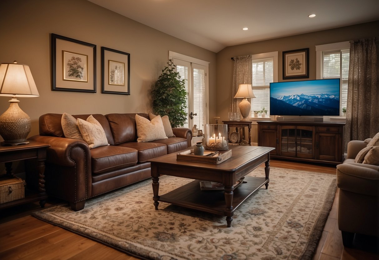 A cozy living room with a Pennsylvania House furniture set, including a classic sofa, coffee table, and bookshelf. Warm lighting and a rug complete the inviting space