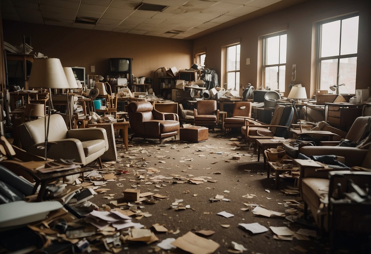 A cluttered room with scattered chairs and tables. Objects are strewn about in disarray