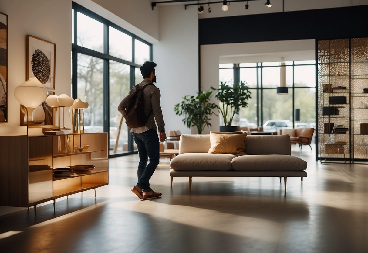 A person walks through a showroom, examining sleek and modern furniture pieces displayed on pedestals and shelves. The room is filled with natural light, casting a warm glow on the furnishings