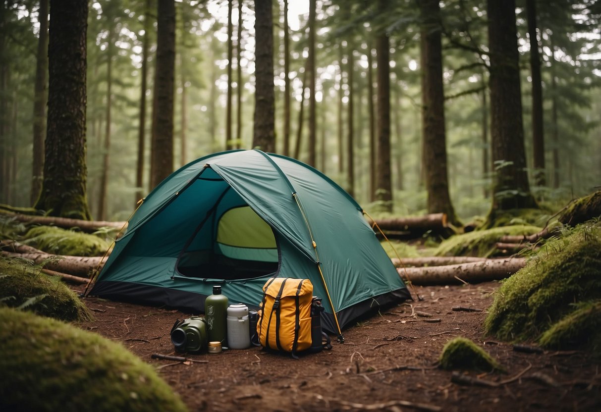 A tent pitched in a wooded clearing, surrounded by a backpack, sleeping bag, hiking boots, water bottle, flashlight, map, compass, and camp stove