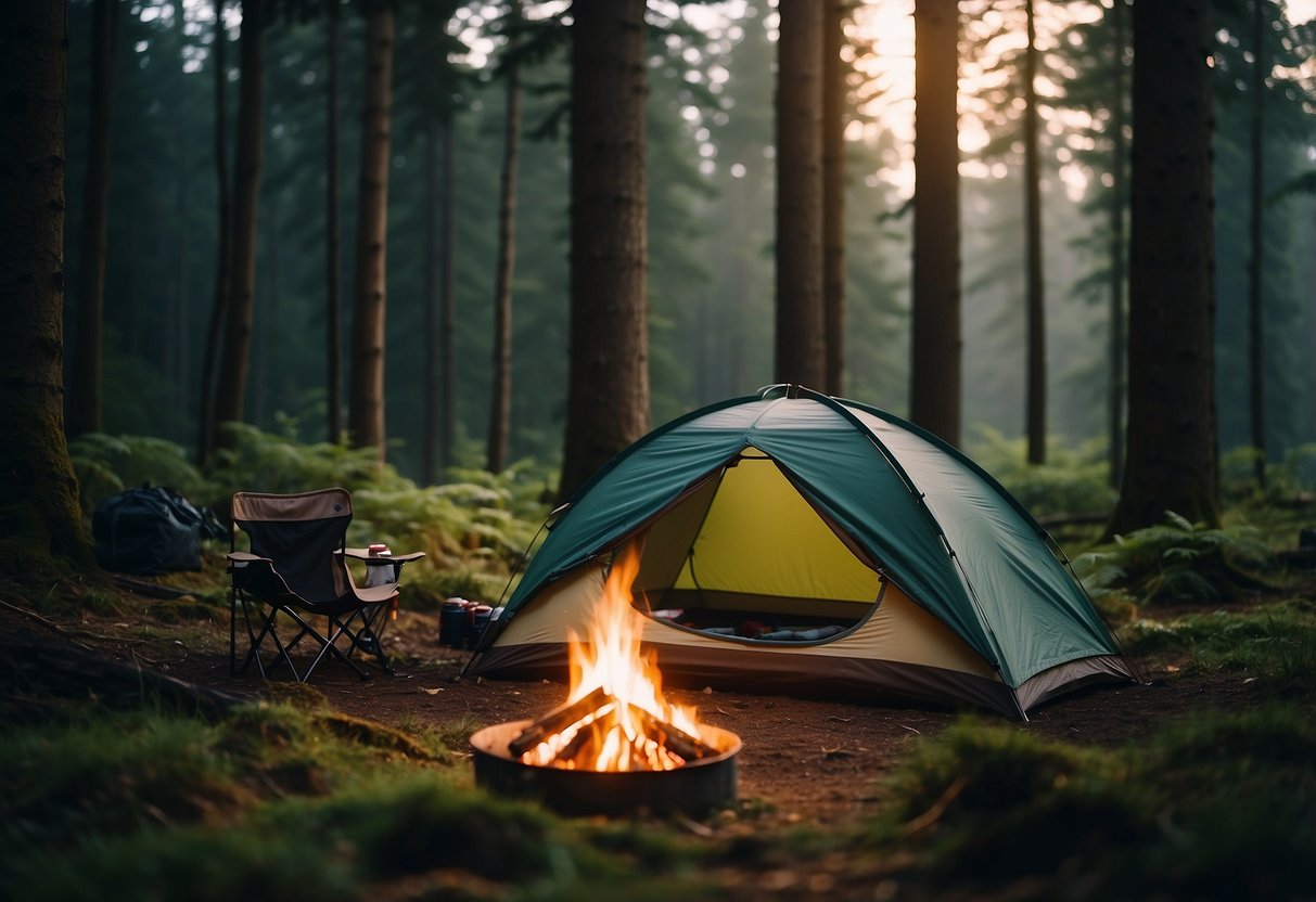 A tent with a rainfly pitched in a forest clearing, surrounded by trees and a campfire. Nearby, a backpack, sleeping bag, and other camping essentials are neatly arranged