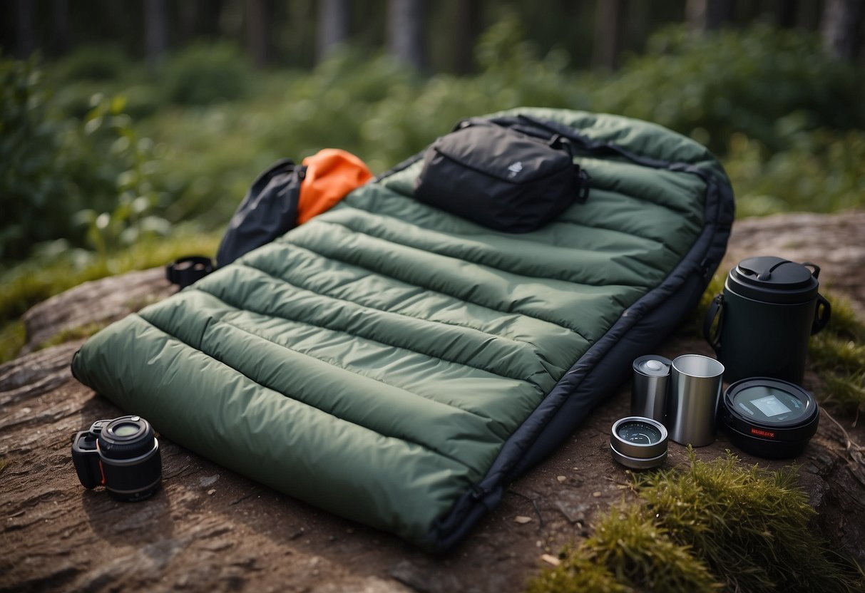 A sleeping bag with a 20°F rating lies next to a backpack filled with 10 essential items for a camping trip