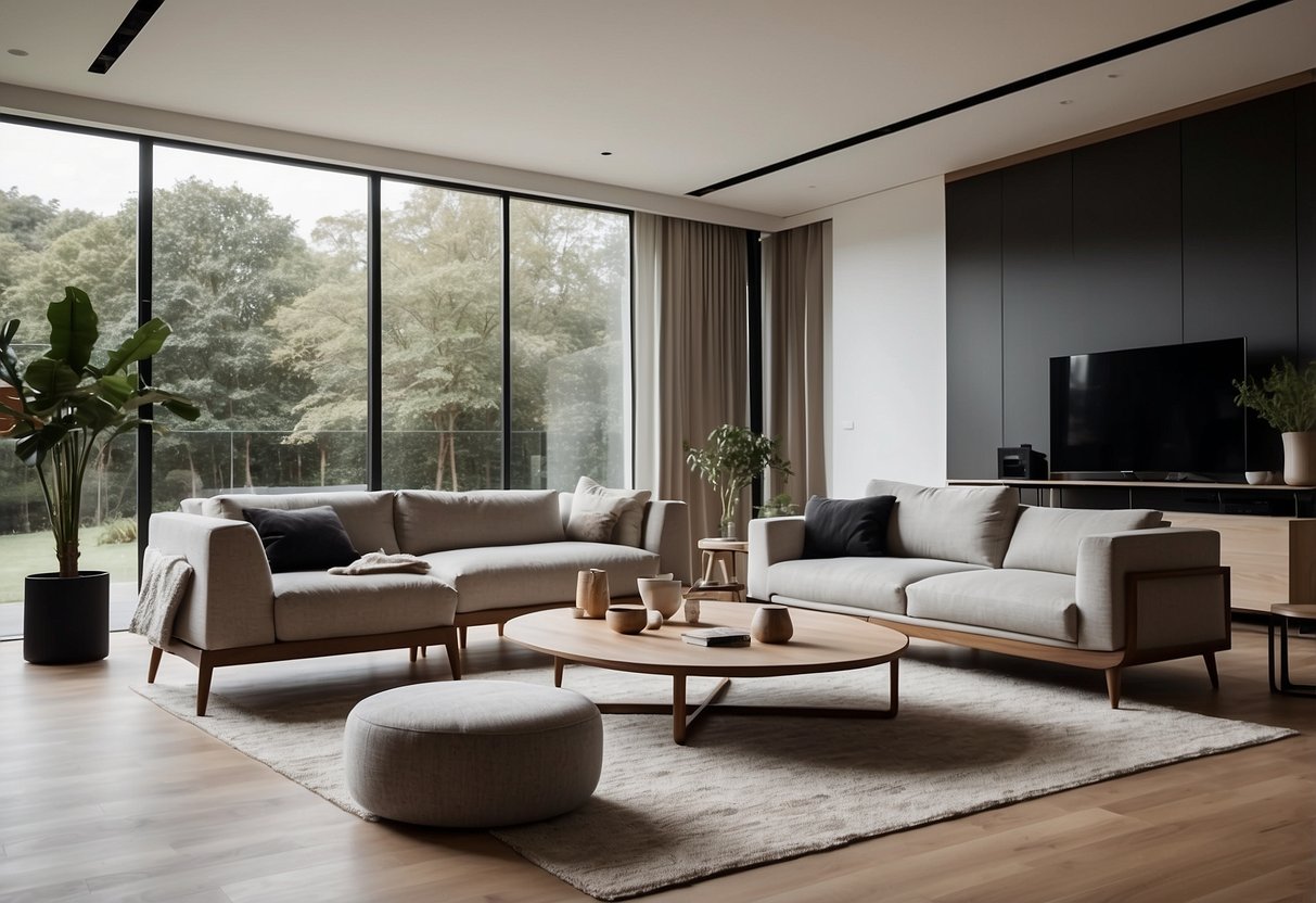 A modern living room with sleek, minimalist furniture arranged in a spacious and well-lit environment